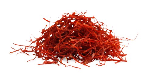 Photo of Pile of dried red saffron isolated on white