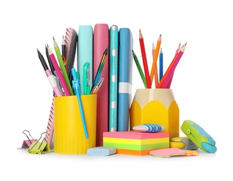 Photo of Different colorful stationery on white background. Back to school