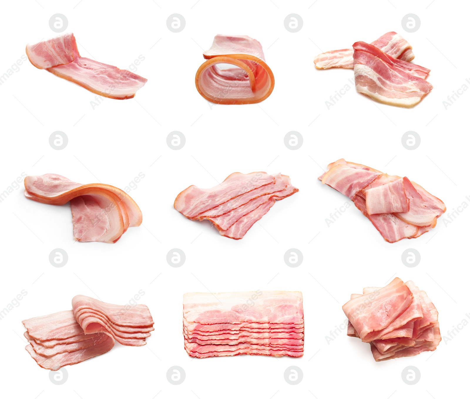 Image of Set with bacon slices on white background