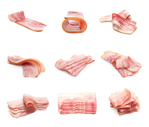 Image of Set with bacon slices on white background