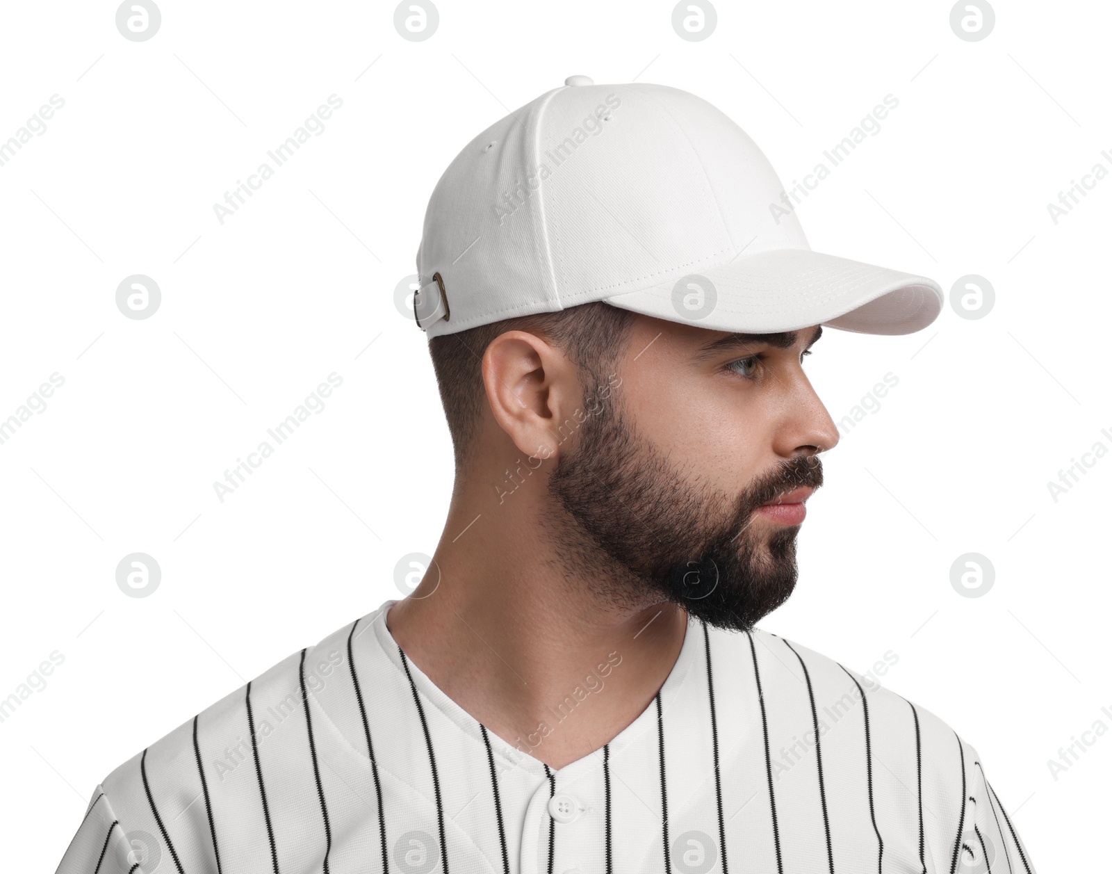 Photo of Man in stylish baseball cap on white background