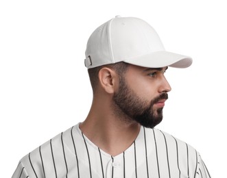 Photo of Man in stylish baseball cap on white background