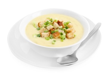 Photo of Tasty potato soup with croutons in bowl and spoon isolated on white