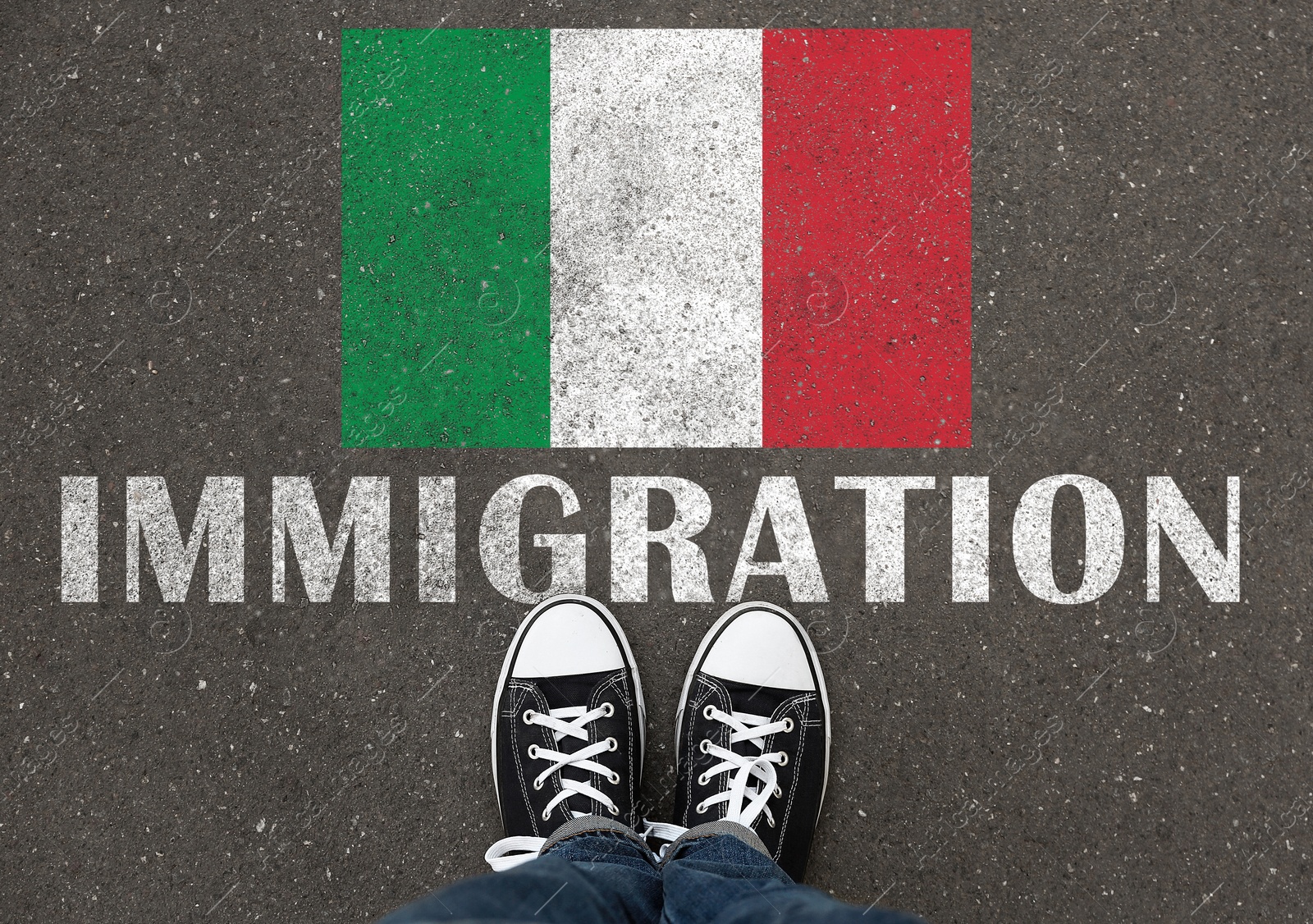 Image of Immigration. Woman standing on asphalt near flag of Italy, top view