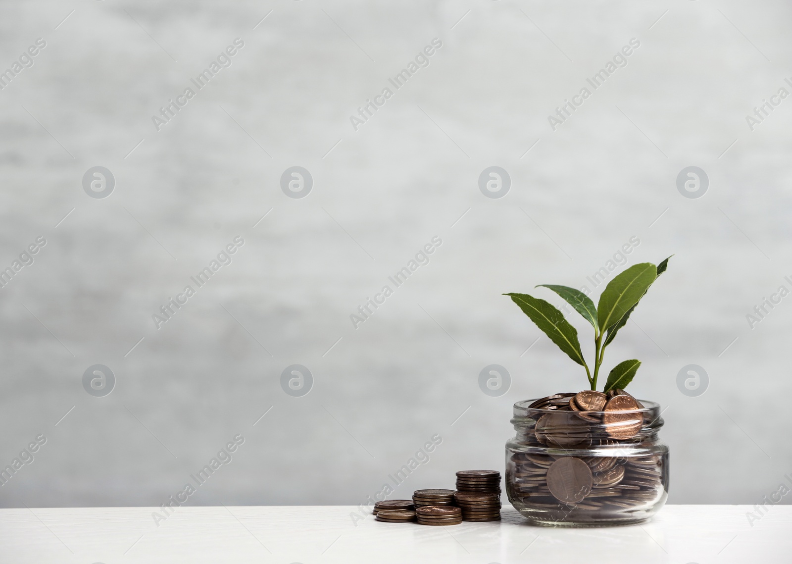 Photo of Glass jar and coins with young green plant on table against light background, space for text