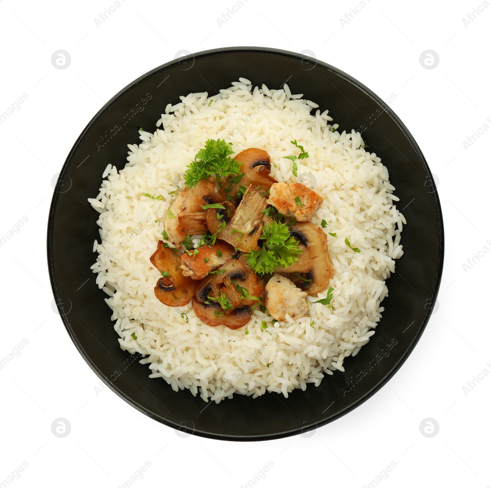 Photo of Delicious rice with parsley and mushrooms isolated on white, top view