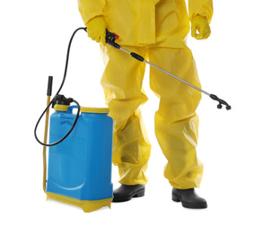 Man wearing protective suit with insecticide sprayer on white background, closeup. Pest control