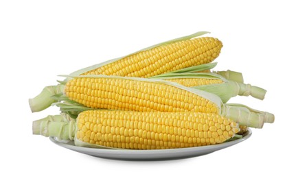 Corncobs with green husks isolated on white