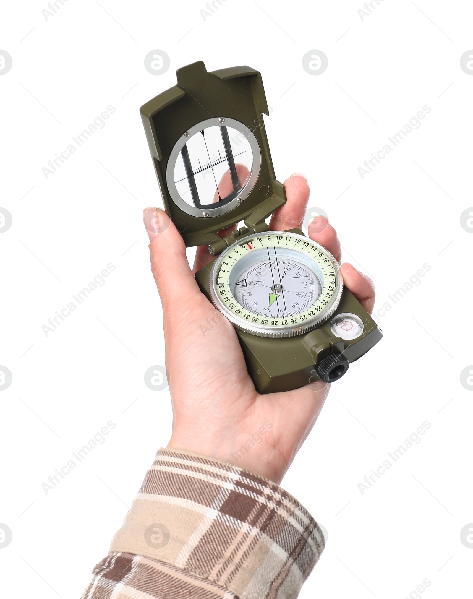 Photo of Woman holding compass on white background, closeup