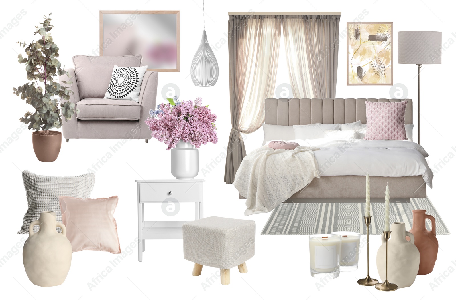 Image of Stylish bedroom interior with different decorative elements and furniture on white background. Mood board collage