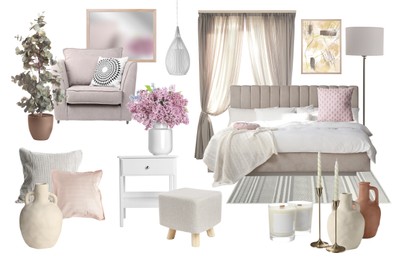 Image of Stylish bedroom interior with different decorative elements and furniture on white background. Mood board collage