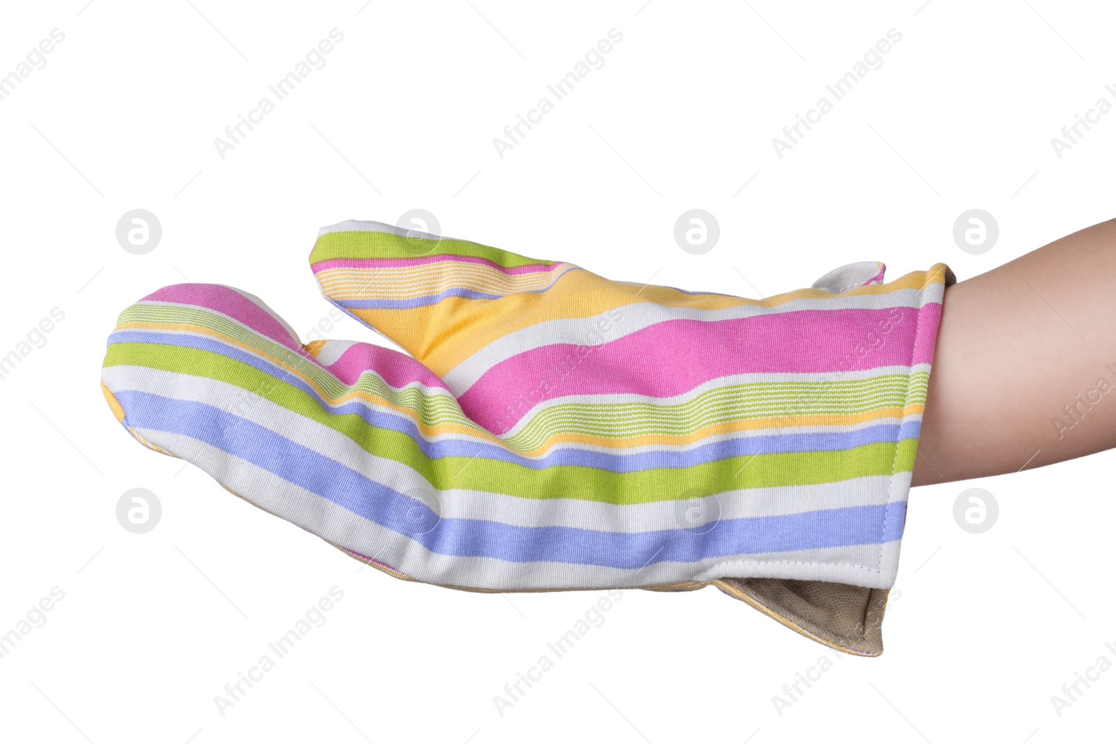 Photo of Chef in oven glove on white background, closeup