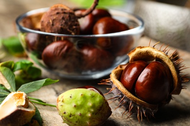 Photo of Horse chestnuts on wooden table, closeup view
