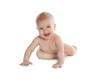 Photo of Cute little baby crawling on white background