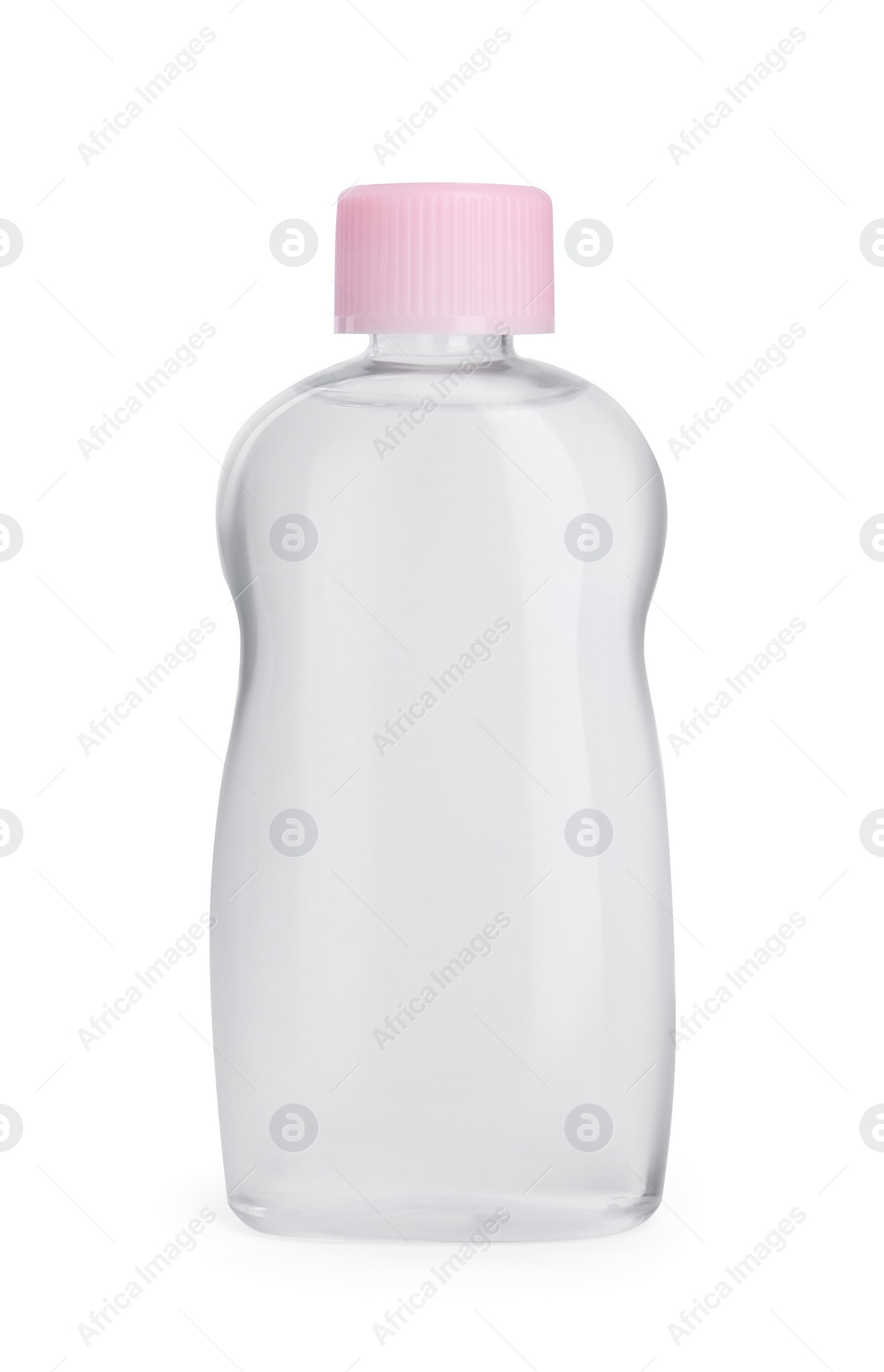 Photo of Transparent bottle with baby oil isolated on white