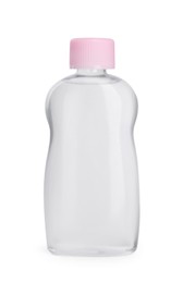 Photo of Transparent bottle with baby oil isolated on white