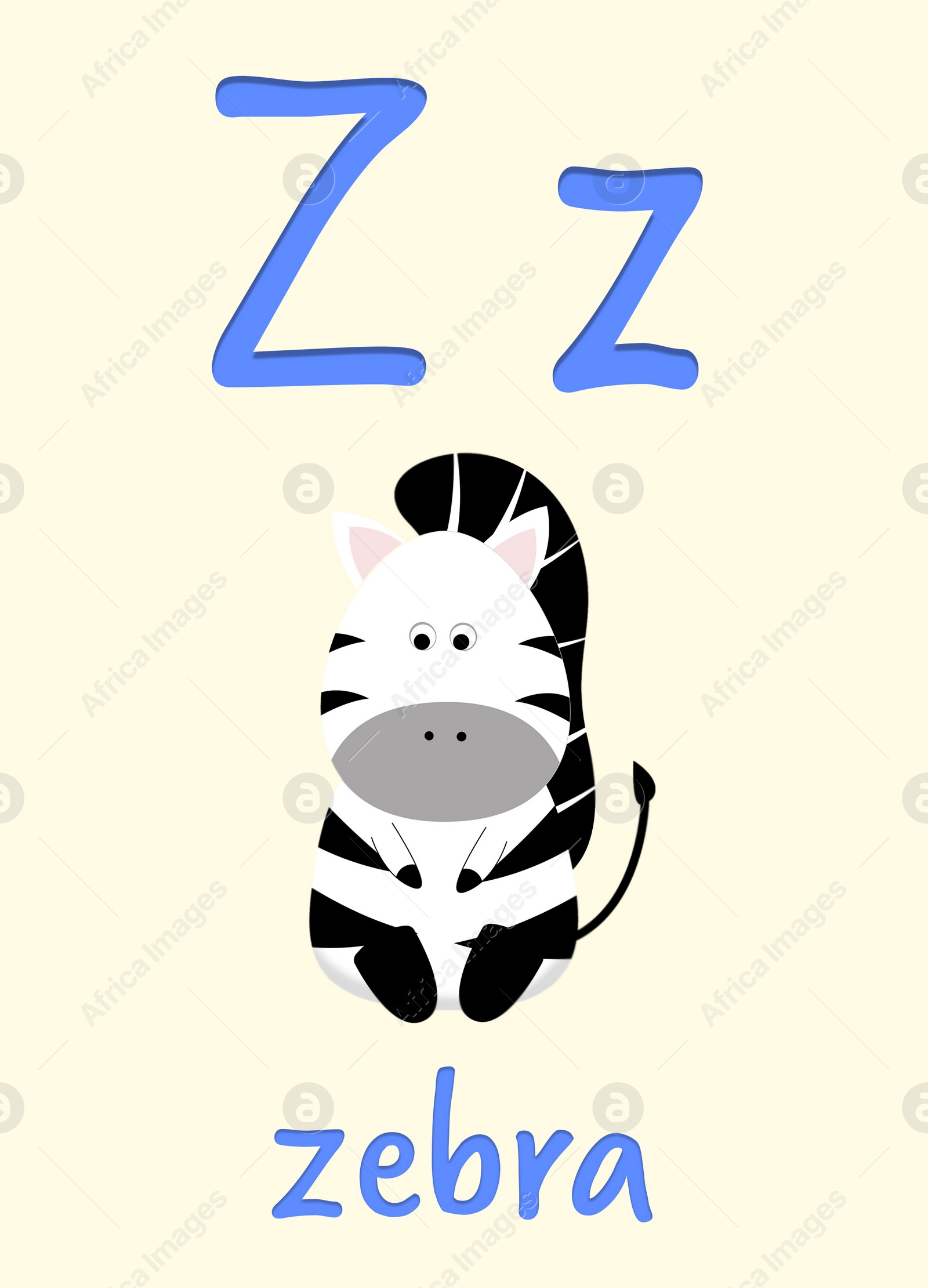 Illustration of Learning English alphabet. Card with letter Z and zebra, illustration
