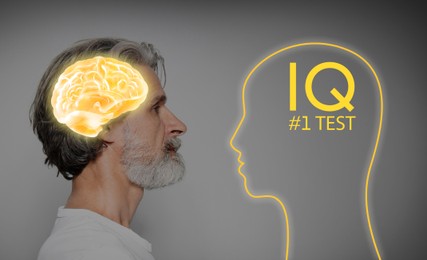 Image of Mature man and illustrated brain on grey background. IQ test