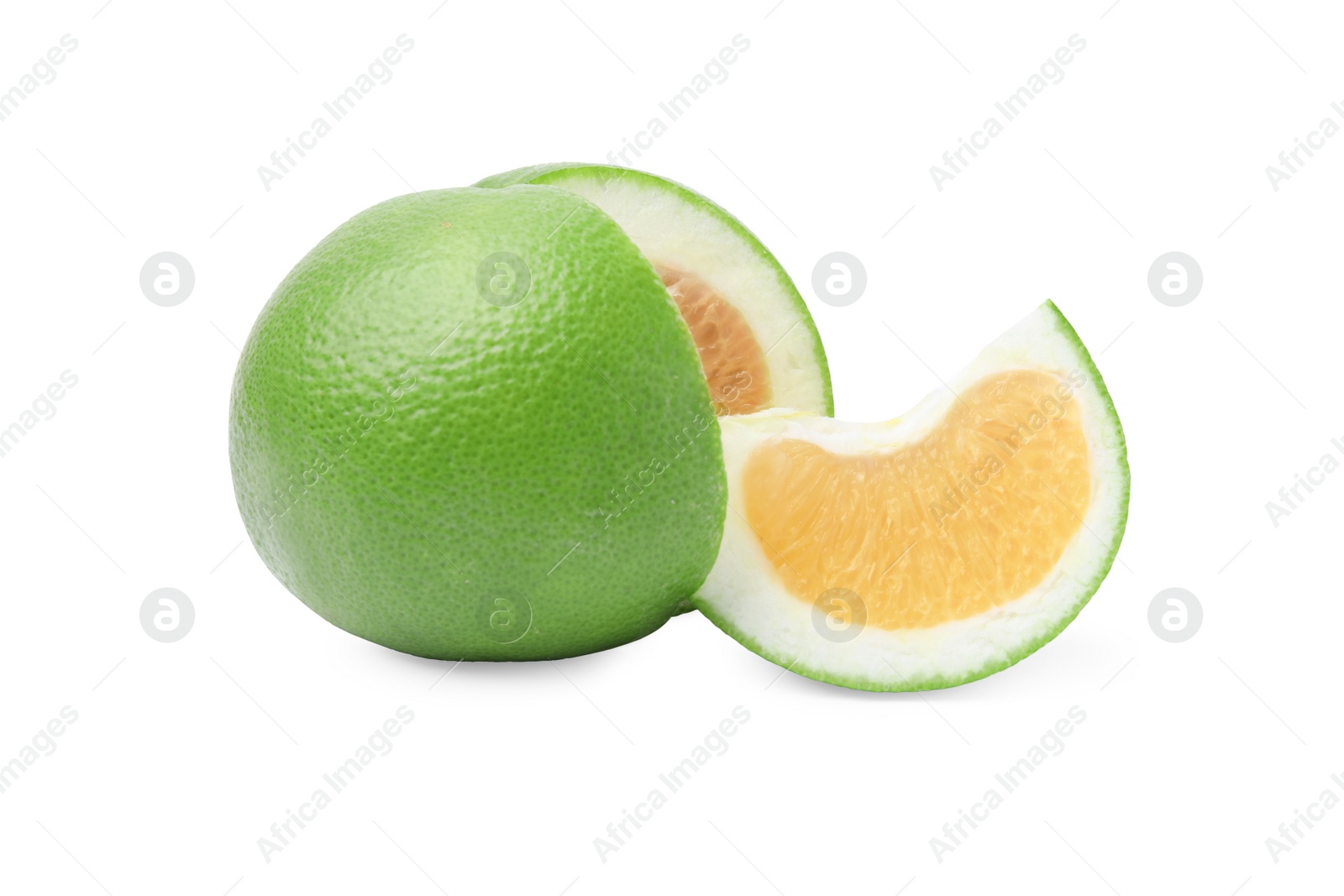 Photo of Cut fresh ripe sweetie fruit on white background