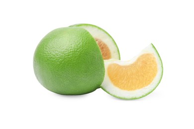 Photo of Cut fresh ripe sweetie fruit on white background