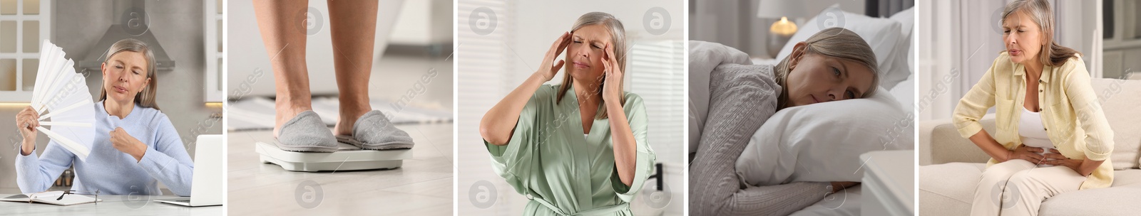 Image of Menopause, collage with photos of woman suffering from different symptoms