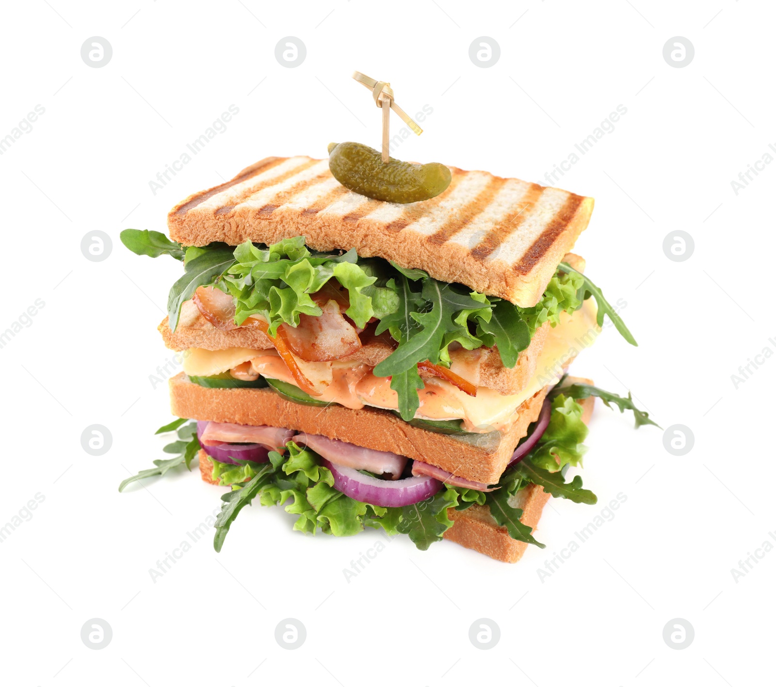 Photo of Tasty sandwich with chicken, ham and bacon isolated on white