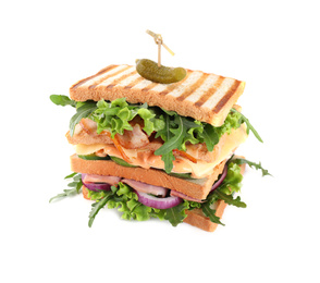 Photo of Tasty sandwich with chicken, ham and bacon isolated on white