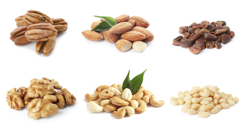 Set of different nuts on white background