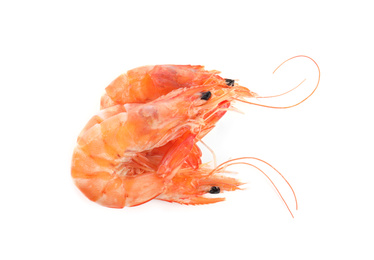 Photo of Delicious cooked shrimps isolated on white, top view