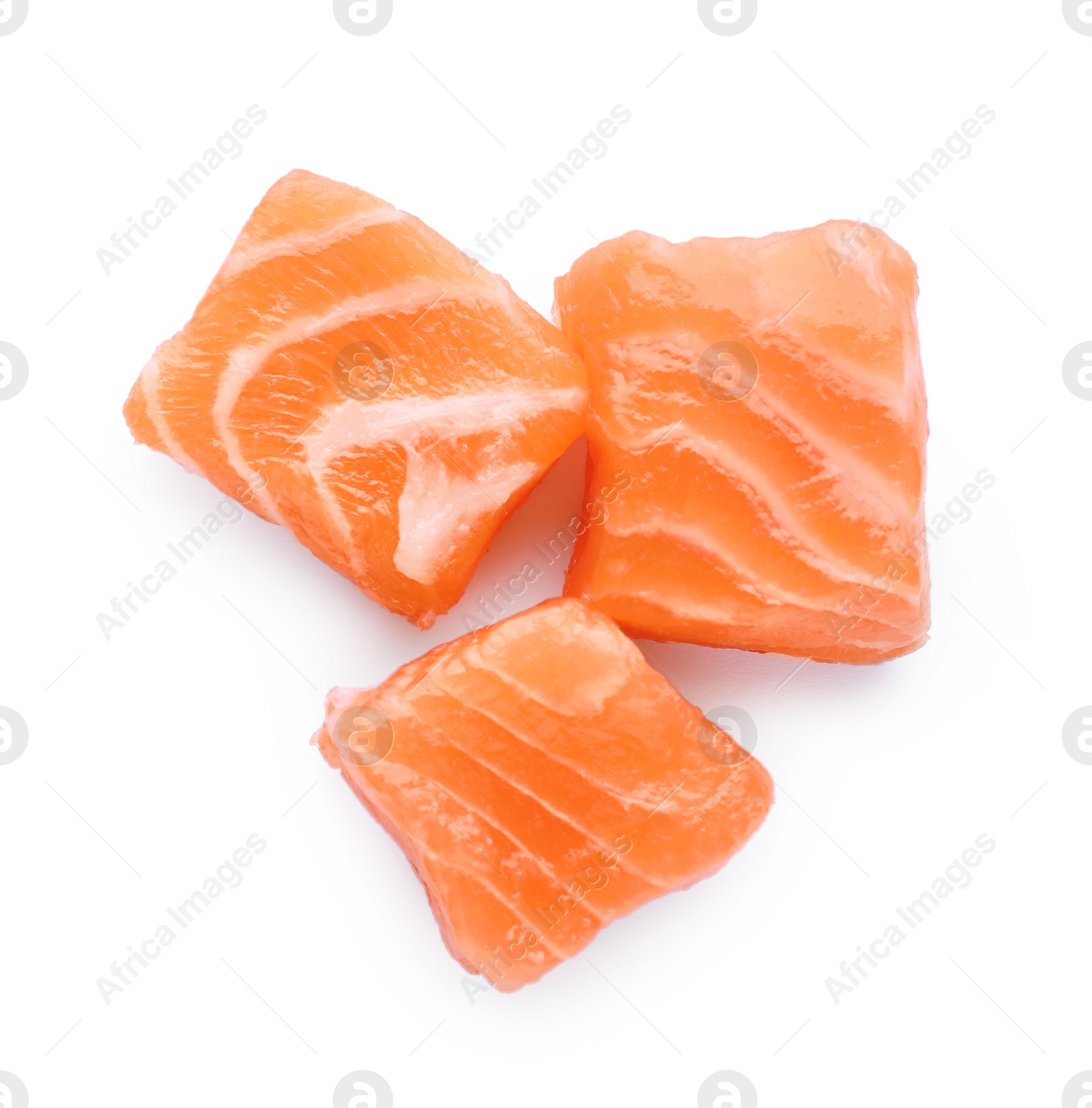 Photo of Pieces of fresh raw salmon on white background, top view