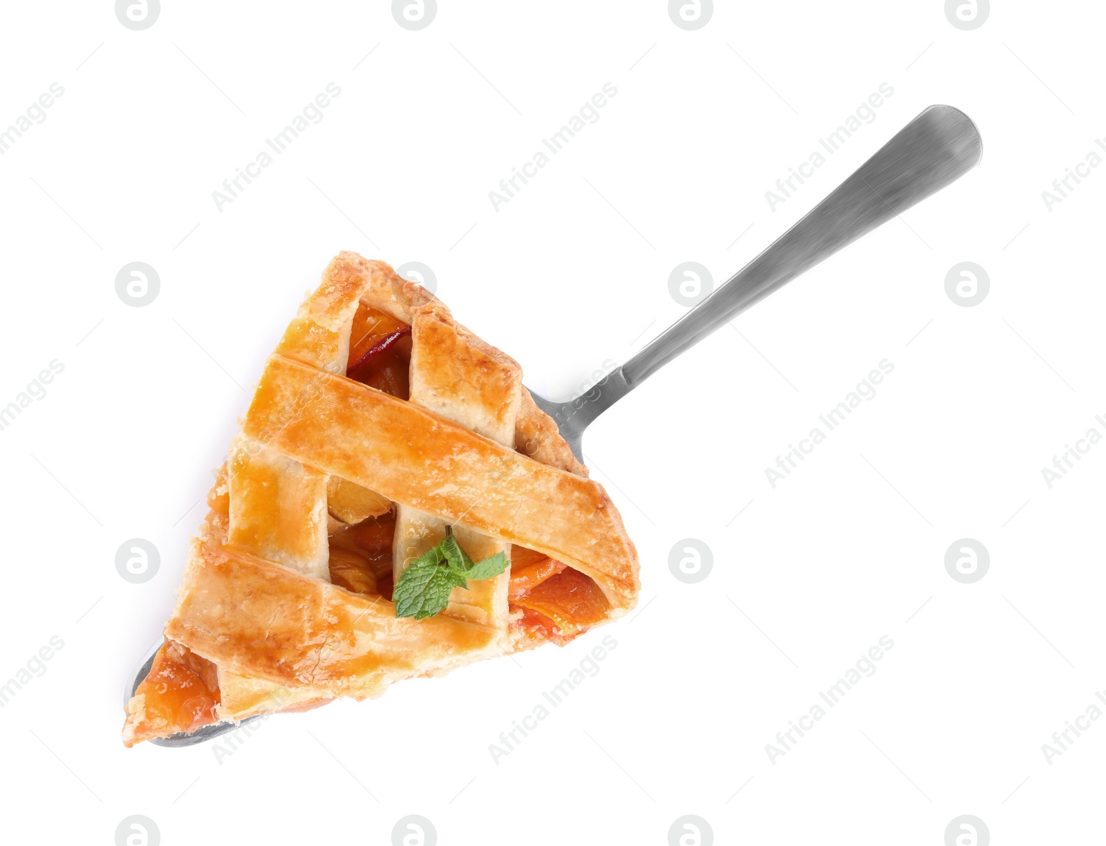 Photo of Slice of delicious fresh peach pie isolated on white, top view
