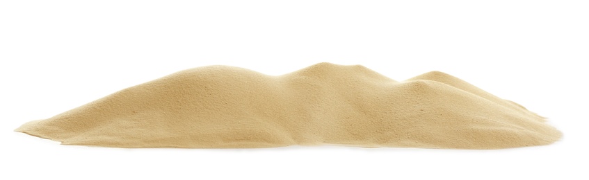 Photo of Heap of dry beach sand on white background