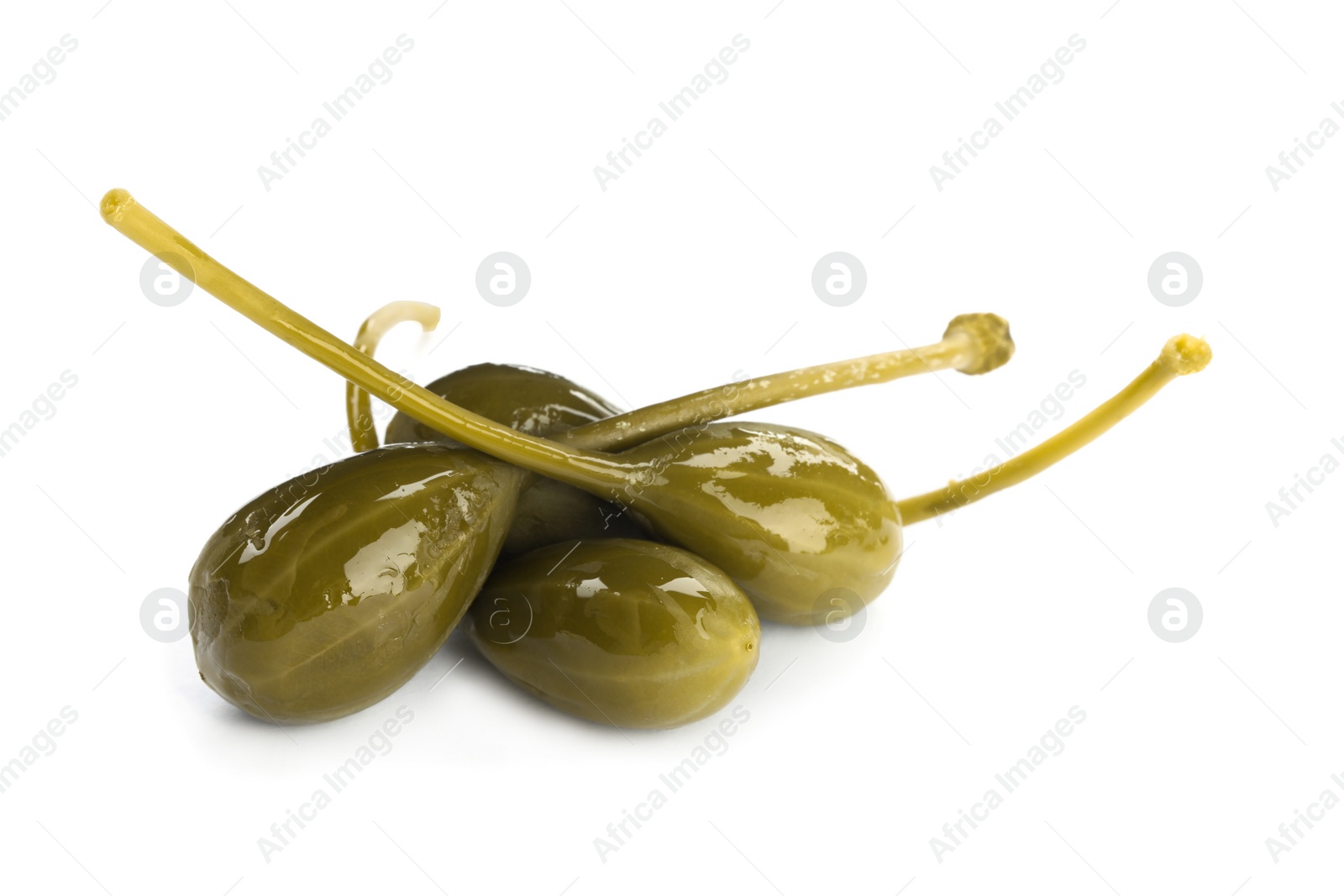 Photo of Many delicious pickled capers on white background