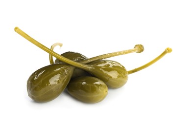 Photo of Many delicious pickled capers on white background