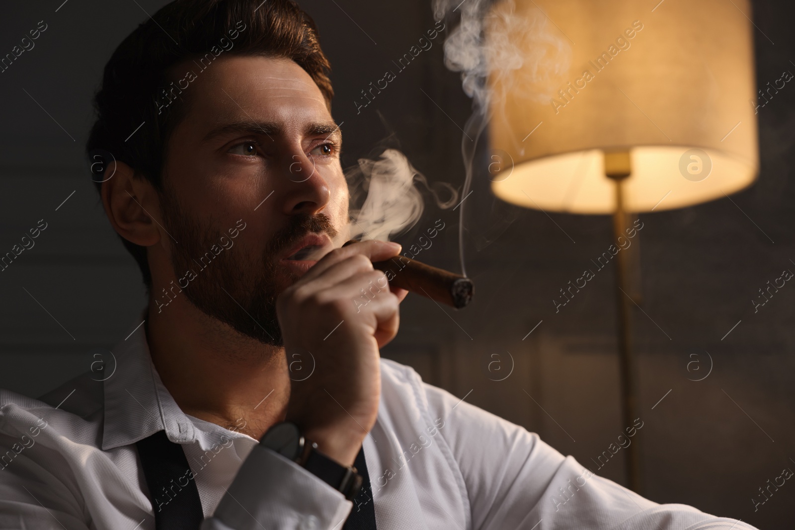 Photo of Handsome man smoking cigar at home. Space for text