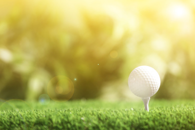 Image of Golf ball with tee in park on sunny day. Space for design