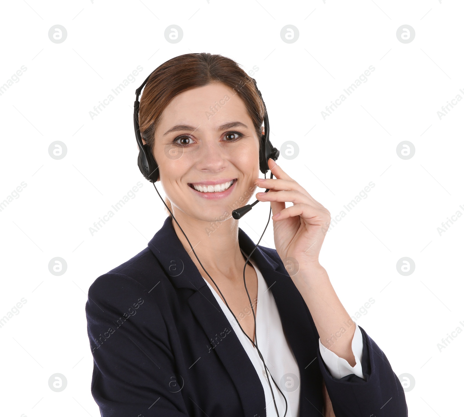 Photo of Female technical support operator with headset isolated on white