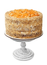 Photo of Stand with delicious carrot cake on white background