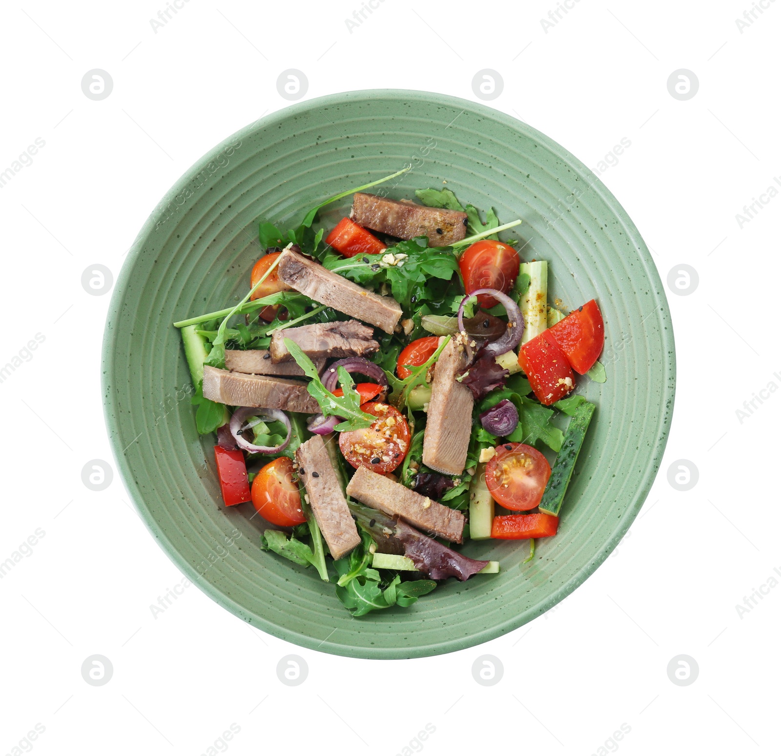 Photo of Delicious salad with beef tongue and vegetables isolated on white, top view