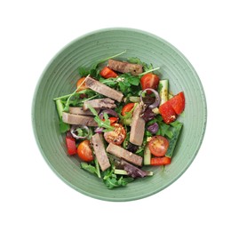 Photo of Delicious salad with beef tongue and vegetables isolated on white, top view