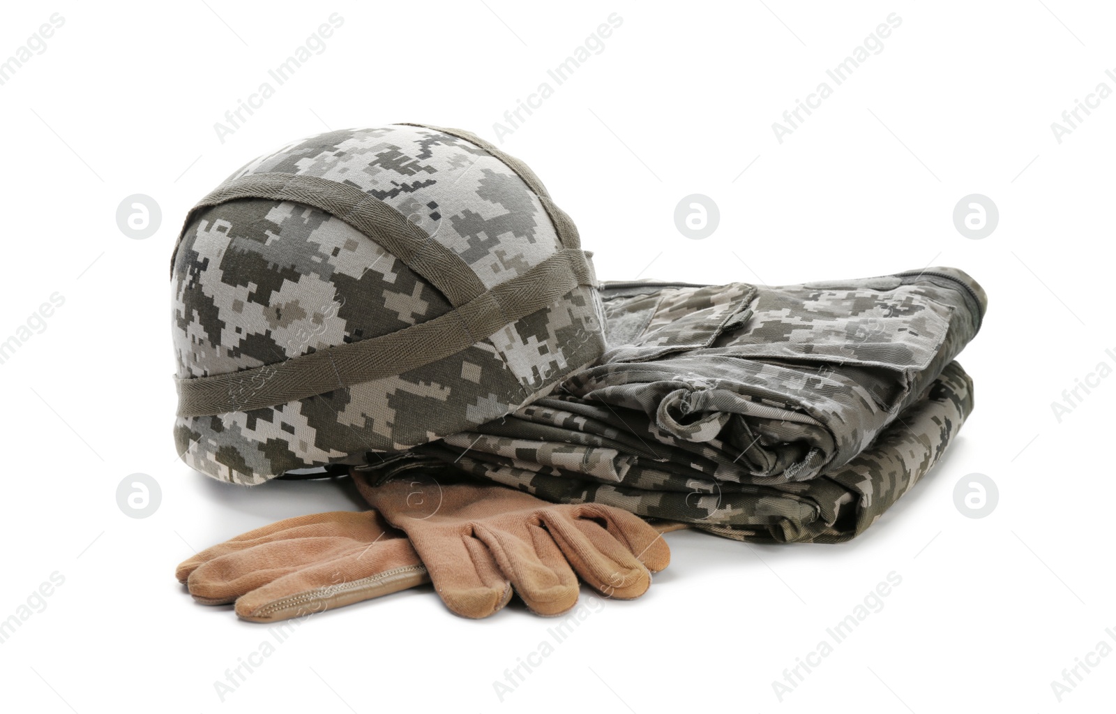 Photo of Military clothes on white background