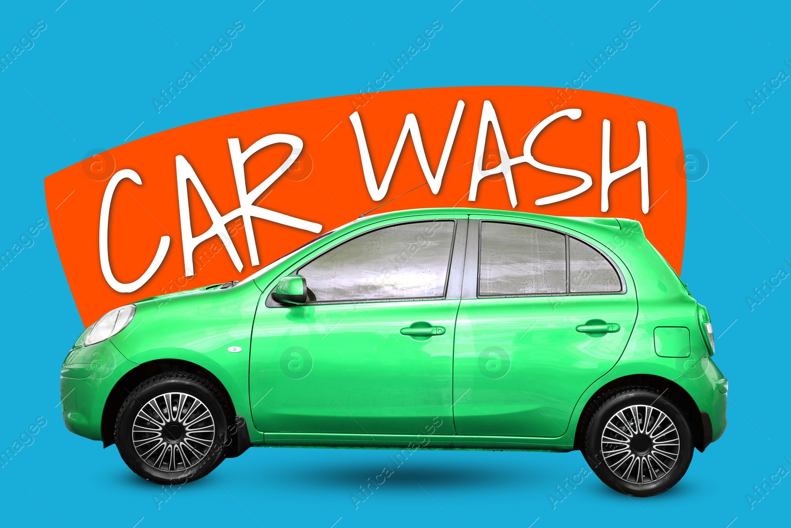 Image of Text Car Wash and modern automobile on light blue background