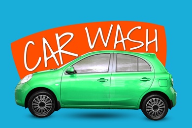 Image of Text Car Wash and modern automobile on light blue background