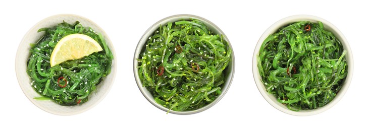 Image of Japanese seaweed salad in bowls on white background, top view. Collage