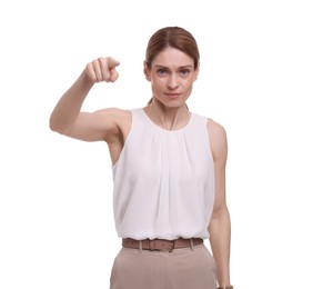 Photo of Portrait of beautiful businesswoman pointing on white background