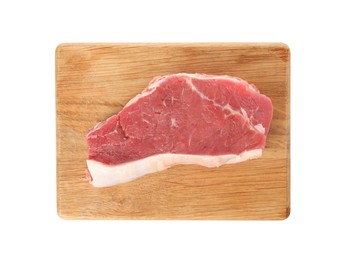 Photo of Board with steak of raw beef meat isolated on white, top view