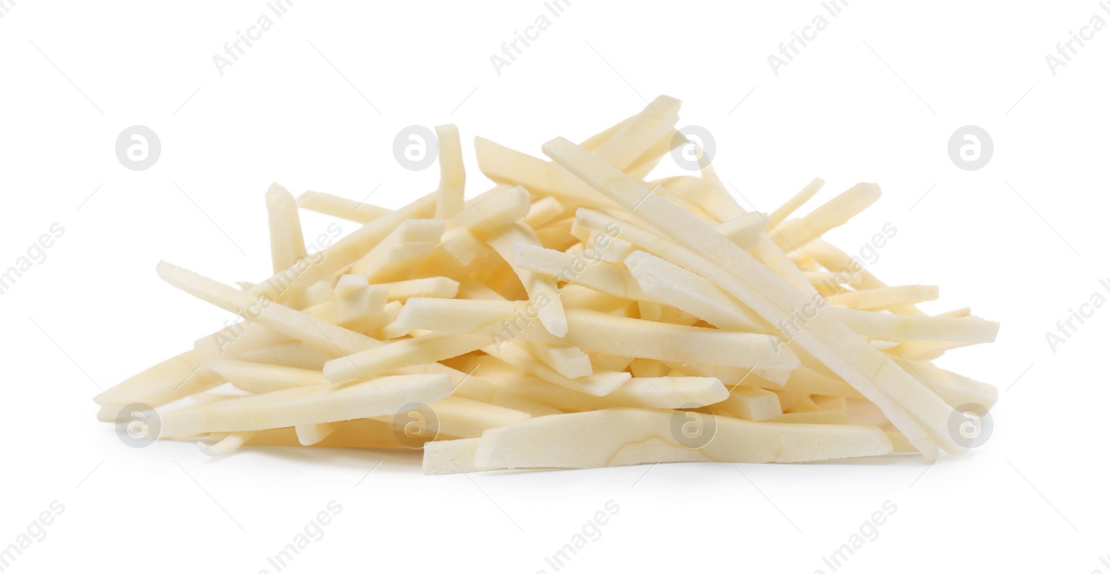 Photo of Pile of cut fresh parsnip on white background