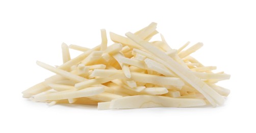 Pile of cut fresh parsnip on white background