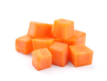 Photo of Fresh ripe carrot cut in cubes on white background