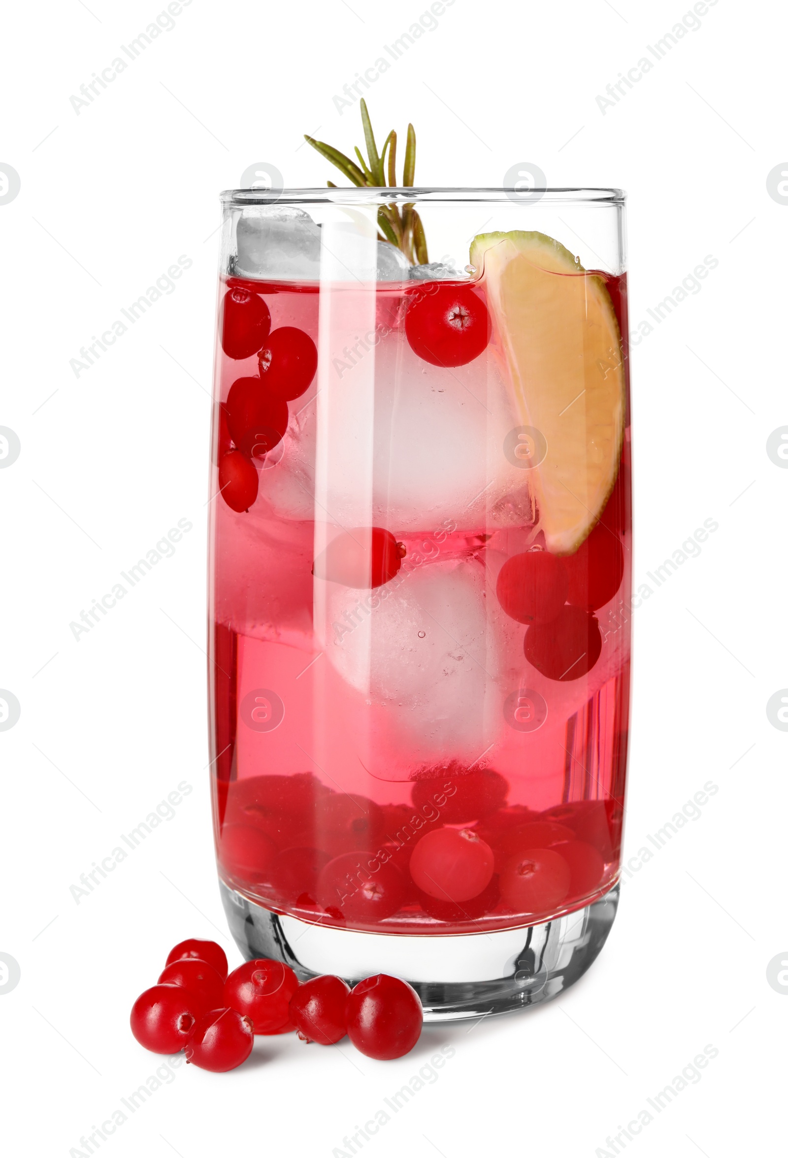 Photo of Tasty cranberry cocktail with ice cubes, rosemary and lime in glass isolated on white